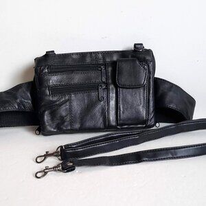 Genuine Leather CONVERTIBLE FANNY PACK - CROSSBODY black Unisex Adjustable